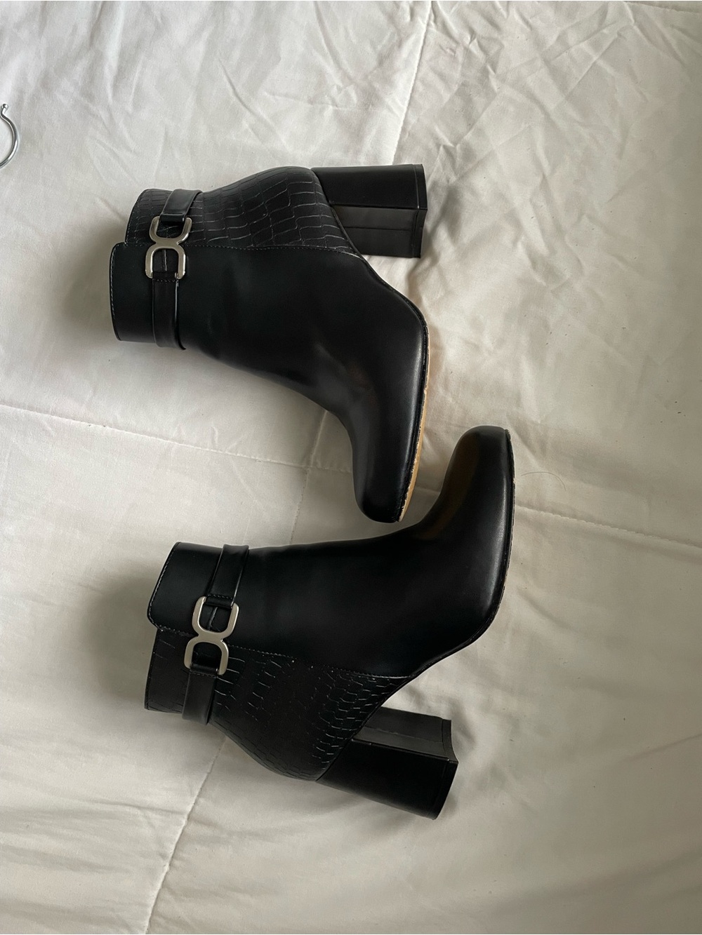 Black Croc-Accent Block Heel Ankle Boots